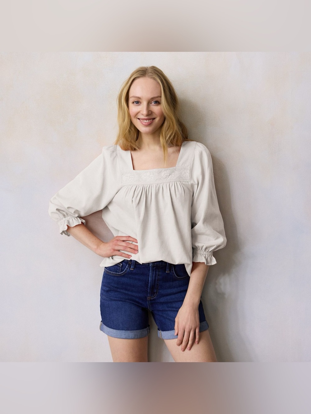 Women's LC Lauren Conrad Lace Trim Square Neck Peasant Top in Daisy Dew